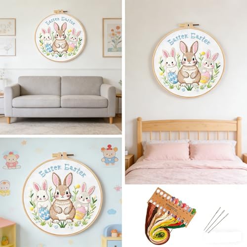BoAn Rabbit Needlepoint Kit, Embroidery Starter Kit with Hoop & Threads