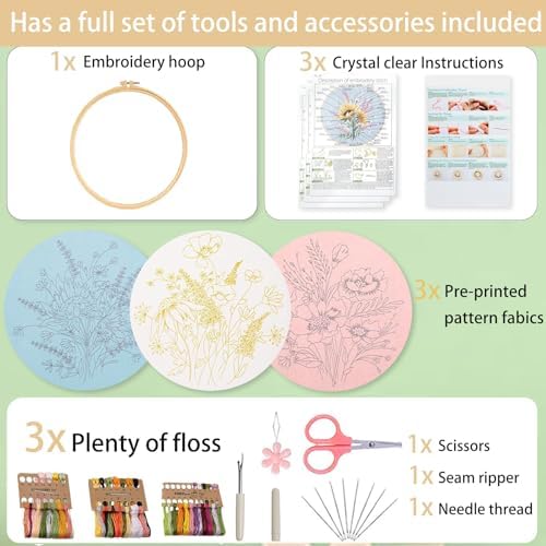 Ohcol 3 Sets Embroidery Kit,Cross Stitch Kits Needlepoint Kits for Adults Beginner,Needle Point Kits with Washable Pre-Printed Floral Pattern,Hoops,Women DIY Hand Crafts