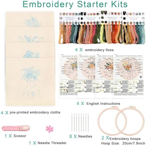 Harimau Adult Beginner Embroidery Starter Kit, Complete Set with 4 Patterns, 2 Hoops, Needles, Scissors, Instruction Guide & Stitching Video Tutorials