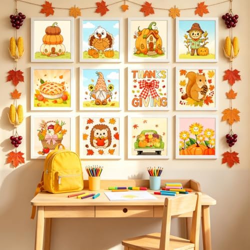 Fall 12 Packs Pre Drawn Canvas to Paint, Thanksgiving Pre Printed Canvas for Painting, Pre Stretched Canvas Outline Painting Boards for Beginners, Students, Party Favors(4 * 4in)