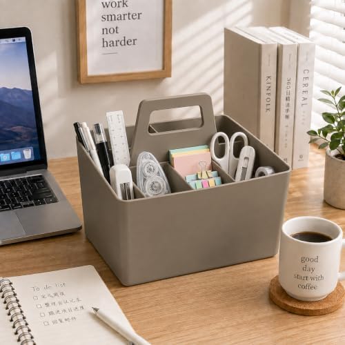 Multipurpose Caddy Organizer with Handle Plastic Desk Storage, Coffee Brown
