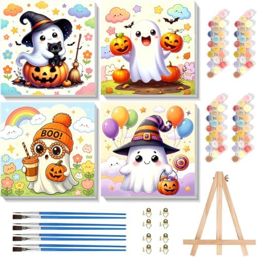4 Pack Halloween Ghost Paint by Numbers Kit for Kids with Frame 8x8 inch