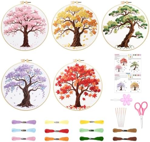 ORIGACH 5 Pcs Seasonal Tree Embroidery Kit for Beginners, Stamped Design Embroidery Starter Kit Includes Cloth, Hoops, Threads & Needles