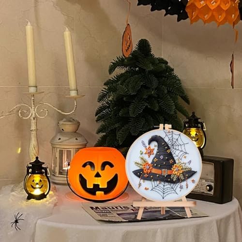 Floral Witch Hat Embroidery Kit Halloween Cross Stitch Material Set with Bat Skull Flower Pumpkin Patterns, DIY Hand Needlepoint Embroidery Craft Kit for Beginners Professional (Floral Witch Hat)