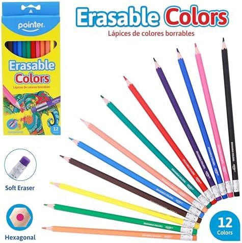 Pointer Erasable Colored Pencils – Pack of 12, Hexagonal Body, Soft Erasers, Vibrant Colors – Ideal for School, Art & Craft Projects