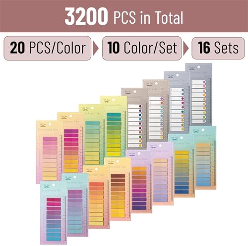 Mr. Pen- Colorful Sticky Tabs, 16 Sets, 3200 pcs, Translucent Page Markers