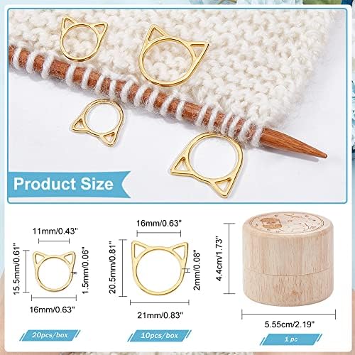 NBEADS 30 Pcs Cat's Head Stitch Marker Rings, Alloy Metallic Stitch Marker Knitting Stitch Counter Stitch Ring Markers with Wooden Storage Box for Knitting Sewing Quilting Jewelry Making