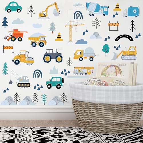AOWDIAO Construction Vehicle Wall Decals – 90Pcs Reusable Peel and Stick Vinyl Stickers for Kids’ Room, Nursery & Playroom – Removable Truck Decoration for Boys & Toddlers