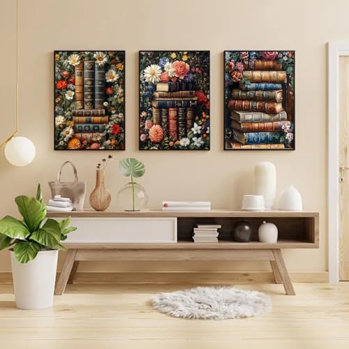 RYMILIE 9 Pack Diamond Art Kits for Adults Vintage Flowers and Books | D Diamond Painting Kit for Beginners, DIY Full Round Drill Gem Art Crafts for Home Wall Decor Gift 12x16inch