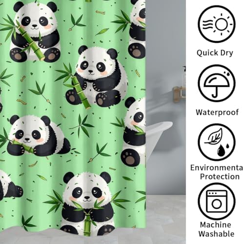 Cartoon Kawii Baby Panda Shower Curtain Sets 4 Piece,Cute Spring Forest Bamboo Trees Bathroom Decor Sets with Rugs,Funny Animal Panda Bears Waterproof Toilet Lid Cover Bath Mat
