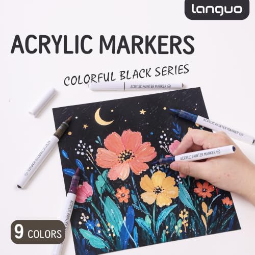 languo Acrylic Paint Markers, 9 Pack Colorful Black Series, Soft Brush Tip