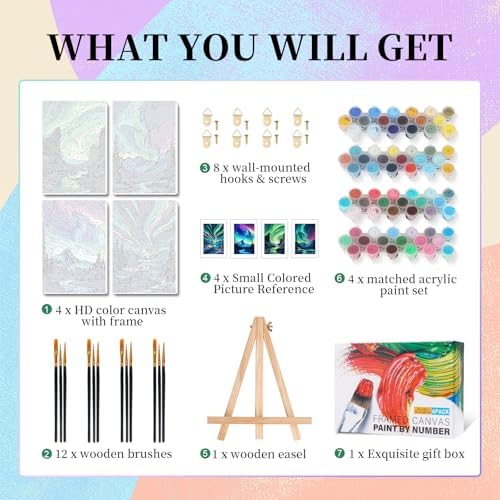 Camocin 4 Pack Framed Paint by Numbers Kit for Adults with Wooden Easel | Northern Lights Aurora Artwork, Night Sky Decor, DIY Canvas Painting Set, Bedroom Wall Decor, Beginner Friendly, 8x12 Inch