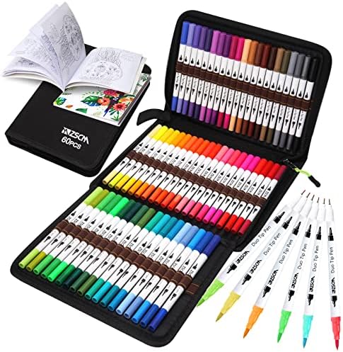 ZSCM 60 Colors Markers for Adult Coloring Books No Bleeding - Duo Tip Pens | Fine & Brush Coloring Marker for Adult Calligraphy, Illustration, Cards Drawing, Note taking Lettering, Journaling