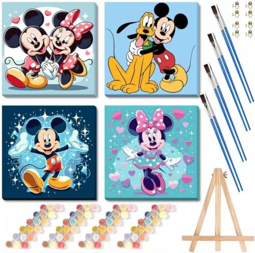 Fuinkqe 4 Ps Paint by Numbers Kit for Kids with Framed Canvas,Cartoon Paint by Numbers for Kids Ages 8-12 with Wooden Easel,Easy Paint by Numbers Kits for Home Wall Decor 8X8 Inch
