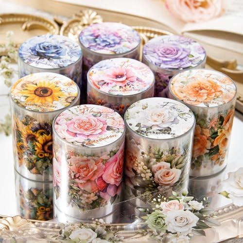 8Rolls Floral Washi Tape Set Flower PET Tapes Stickers for Crafts | Journaling Scrapbooking Supplies, Planner, Bullet Journals,Gift Wraping,Sunflower Rose Hydrangea Butterfly Decorative