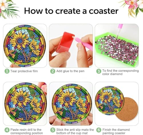 8 Pcs Diamond Art Coasters Kit for Adult with Holder, Diamond Coaster 4x4in
