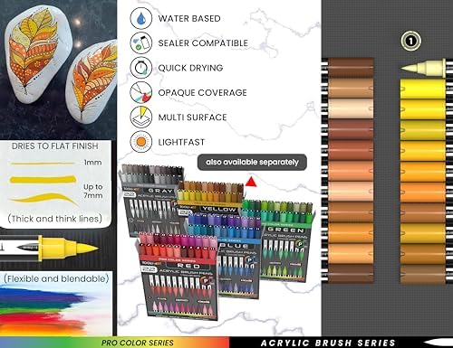 TOOLI-ART 22 Flexible Brush Tip Acrylic Paint Pens Markers Set 1-7mm Line for Rock Painting, Glass, Mugs, Wood, Metal, Canvas, Plastic. Non Toxic Waterbased Quick Drying Assorted Yellow