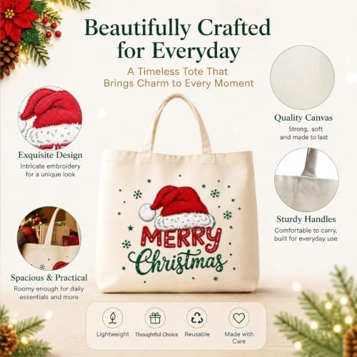ARTopet Embroidery Tote Bag Kit for Beginners Christmas Canvas Cross Stitch Handbag with Hoops Needles Threads Reusable Grocery Bag for Women-Christmas Hat