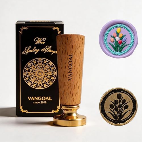 VANGOAL Wax Seal Stamp, Floral Series, 3D Embossed Brass Stamp Head with Wooden Handle, Vintage Sealing Kit for Wedding Invitations, Envelopes, Gift Wrapping, Letters and Crafts (Tulip with Frame)