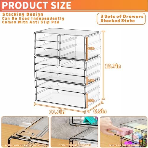 Yieach 3 Pack Clear Storage Drawers With 10 Drawers,Stackable 11.1” Large Acrylic Drawer Organizer and Makeup Organizer For Vanity,Bathroom Countertop,Cabinet,Pantry,Office Supply Storage Bins Drawers