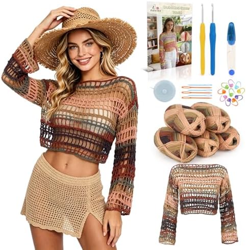 Aeelike Crochet Kit for Adults,Women Beach Crochet Top,Brown Cotton Yarn