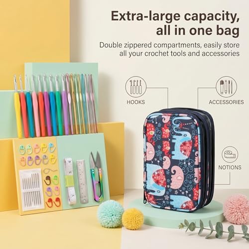 Crochet Hook Case, Zipper Storage Organizer Bag with Web Pockets for Crochet Needles/Knitting Accessories/Crochet Hook Kit Tools, Lightweight, Easy to Hold