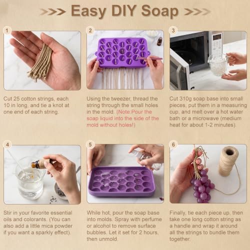 Silicone Grape Soap Mold Kit for DIY Soap Making, with Tool (Cotton Rope, Bow Ribbons, Tweezers), Reusable Soap Making Supplies for Crafts, Gifts & Beginners
