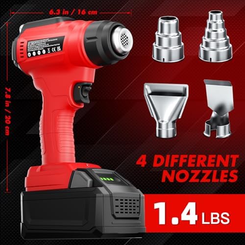 Cordless Heat Gun for Milwaukee 18V Battery, 350W 1022°F (550°C) Soldering Heat, Variable Temperature Control Hot Air Gun Kit with 4 Nozzles and Scraper, for Shrink Tubing, PVC Wrap(NO Battery)