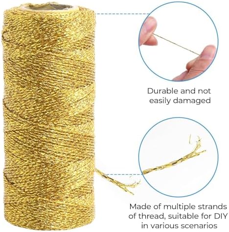 Gold String Twine 328 Feet 1.5mm for Ornaments Christmas String Twine for Gift Wrapping Inelastic Glitter Gold Cording for Crafts Thread Wedding DIY Decoration