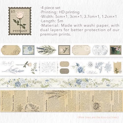 WT Petals & Parchment Washi Sticker Tape Set, 4 Rolls, Original Vintage Floral Designs, Decorative Masking Tape for DIY Crafts, Journaling, Scrapbooking, Planners, and Adhesive Paper Stickers