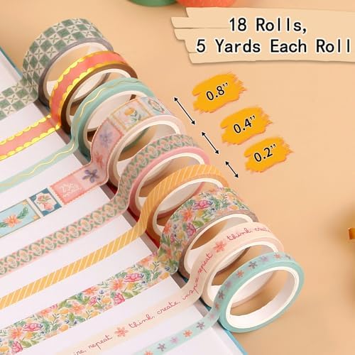 Washi Tape Set of 18 Rolls, Assorted Sizes, Decorative Tape for Journaling, Scrapbook, DIY Décor, Craft Supplies, Gift Wrapping, Metallic Foil, Painters Summer