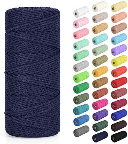 Macrame Cord 3mm x 109Yards (328Feet), Natural Cotton Macrame Rope - 4 Strands Twisted Macrame Cotton Cord for Wall Hanging, Plant Hangers, Crafts, Gift Wrapping and Wedding Decorations, Navy Blue
