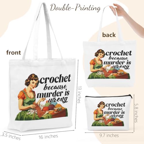 Crochet Knitting Supplies Canvas Tote Bag Makeup Bag Set, Crochet Accessories Gifts for Women Grocery Cosmetic Bags
