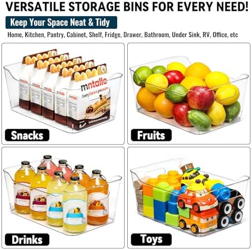 12 PACK Multi-Use Clear Plastic Storage Bins for Organizing w/ Labels - Home, Kitchen, Pantry, Bathroom, Office, Cabinet Shelf Organizer Bins - SOHO Collection, RV, Fridge Organization Containers -XL