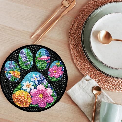 ijbnhd 8 Pack Diamond Art Coasters Kits Dog Paw (Cork Wooden Pad)