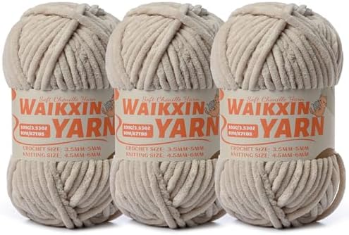 （3 Light Khaki） 3 Pack Super Soft Fuzzy Chenille Chunky Yarn for Crocheting, 300g (261yds) Velvet Fluffy Amigurumi Yarn for Hand Knitting Baby Blankets Weaving Craft