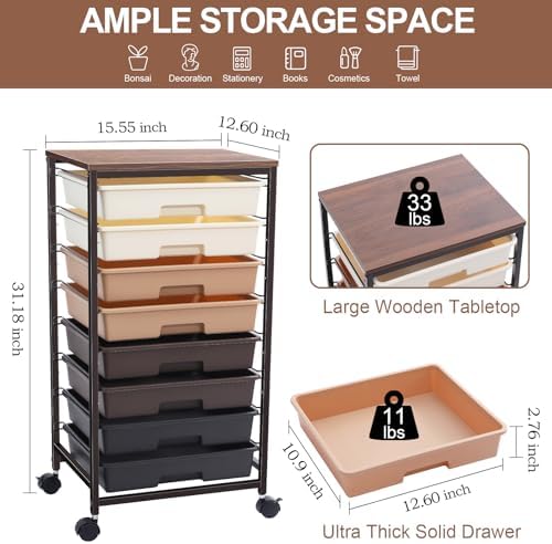 SYKIARIOL Rolling Cart with Drawers, 8 Drawers Utility Cart, Brown Gradient | Craft Organizers and Storage Cart with Wooden Top for Living Room,Classroom,Bedroom,Dorm,Home Office