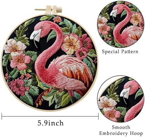 LB 4 Pack Pink Flamingo Embroidery Kit for Beginners Green Leaf Plant Beginner Embroidery Kit for Adults DIY Starter Kit with Embroidery Hoop Colorful Threads Tools Step by Step Instructions