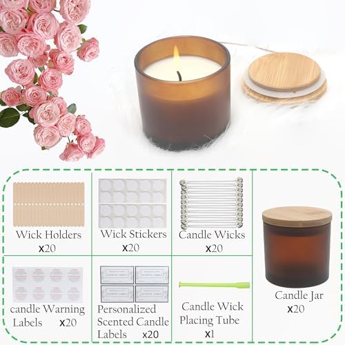MILIVIXAY 20 Pack 4 OZ Frosted Amber Glass Candle Jars with Lids and Candle Making Kits - Bulk Small Empty Candle Jars for Making Candles - Spice, Powder Containers.
