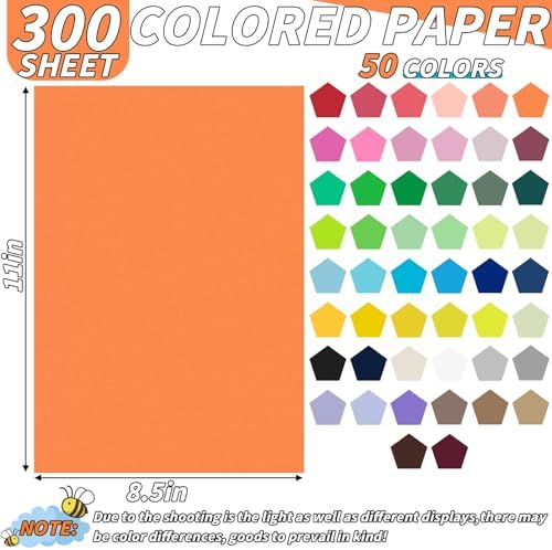 Oleitodh 300 Pcs 8.5" x 11" Colored Cardstock, 50 Assorted Colors