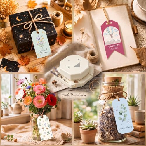 Lewtemi 4-in-1 Craft Tag Punch with Rope, Gift Tag Paper Punches for DIY