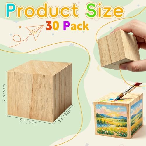 Cheardia 30 Pack 2 Inch Wooden Blocks for Crafts, Unfinished Wood Cubes Square Blank Block for Crafts Making, DIY Decor