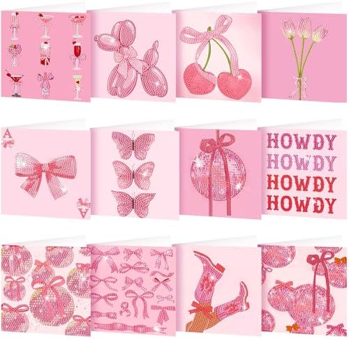Saillong 12 Pack Pink Bow Diamond Painting Greeting Card Kits DIY Coquette Diamond Art Cards with Envelopes Cute Pink Bow 5D Rhinestones Painting Making Kits for Adults DIY Craft Family Friend Gifts