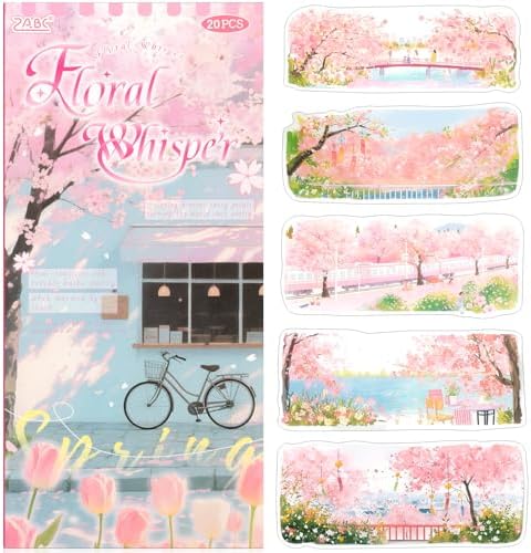 Sakura Series Sticker Scrapbooking Supplies for Junk Journal, 10 Sheets PET Stickers and 10 Sheets Washi Stickers