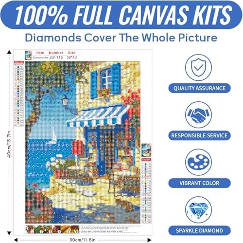 Bookstore by the Sea Diamond Art Kits for Adults, Diamond Painting Kit Adults for Beginners, Round 5D DIY Dimond art,Full Drill Painting Kit Art and Crafts for Adults Home Wall Decor【11.8x15.7inch】