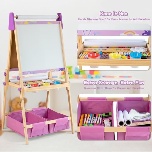 Purple Kids Art Easel Set, Wooden 3-in-1 Magnetic Whiteboard & Chalkboard
