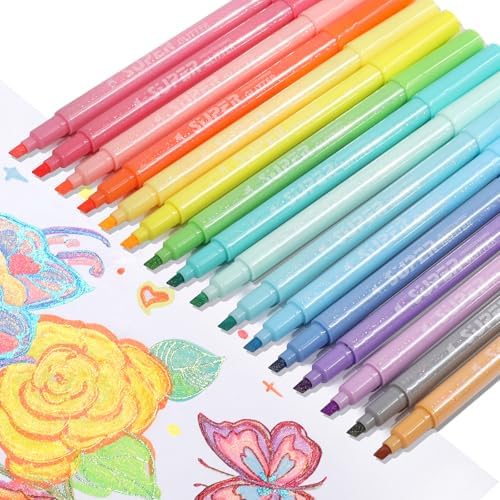 HANKU Glitter Highlighters, 16 Pack, Assorted Chisel Tip Aesthetic Markers
