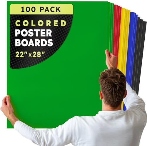 Hygloss Large Colored Poster Board 22x28-100 Assorted Standard Color Bulk Pack - Red, Yellow, Green, Blue, Black - 10 Pt. Thickness Poster Board Paper - Posterboard Multipack 22" x 28"