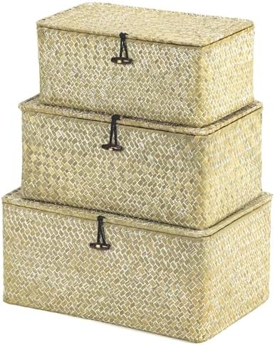 Nonam Wicker Storage Basket with Lid,Seagrass Shelf Basket Set of 3,White