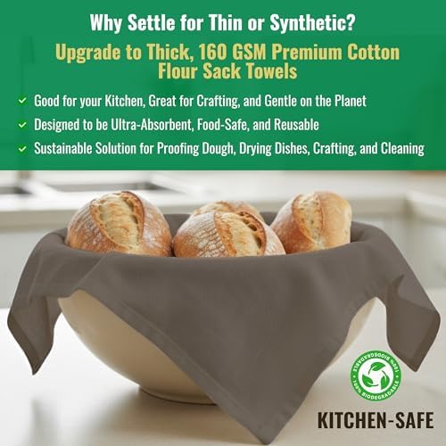 Flour Sack Towels 100% Cotton Dish Towel Reusable Baking Cloth for Bread Dough, Baguettes, Ciabatta, Machine Washable, Kitchen Towels for Cleaning – Set of 6 (18"x28") - Charcoal